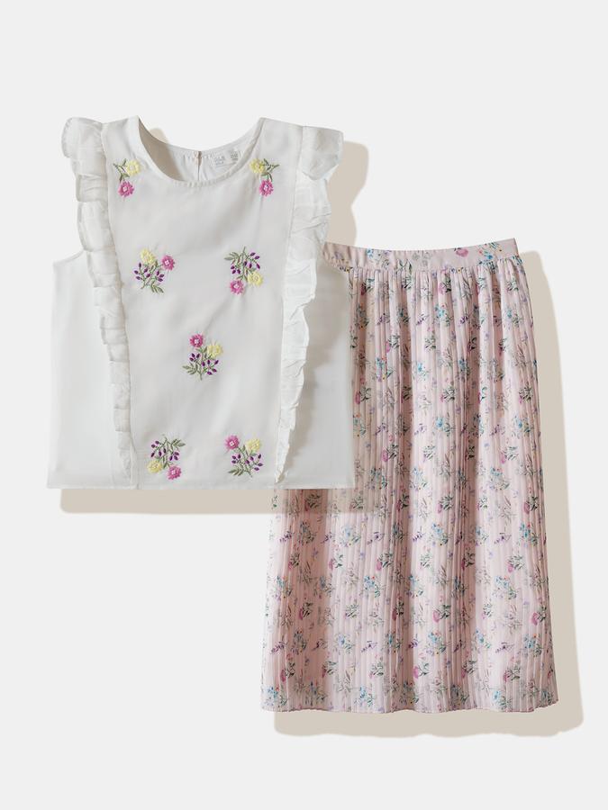 Girls Polyester Floral Blouse and Skirt Set