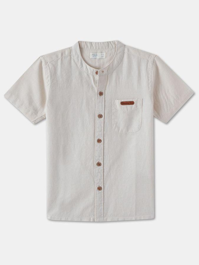 R&B Boys Beige Solid Half Sleeves Mandarin Collar Relaxed Fit Shirt