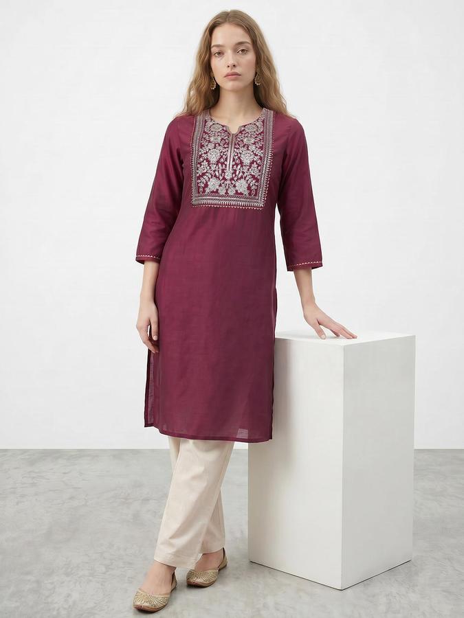 R&B Women Maroon Embroidered Round Neck Three-Quarter Sleeves Calf Length Straight Kurta 