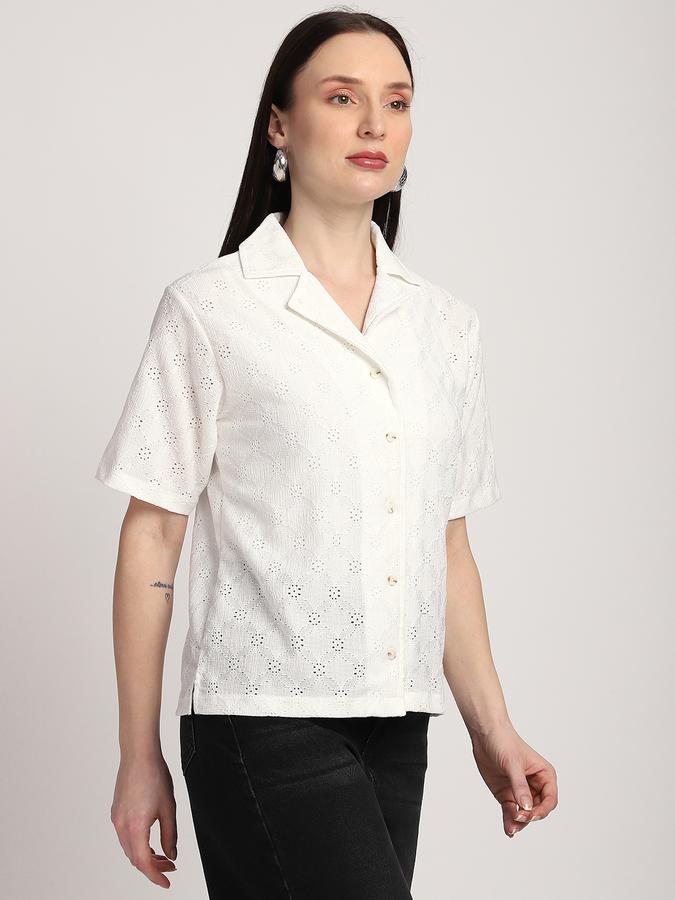 Women Polyester Regular Fit Collar Neck Short Sleeve Textured Shirt
