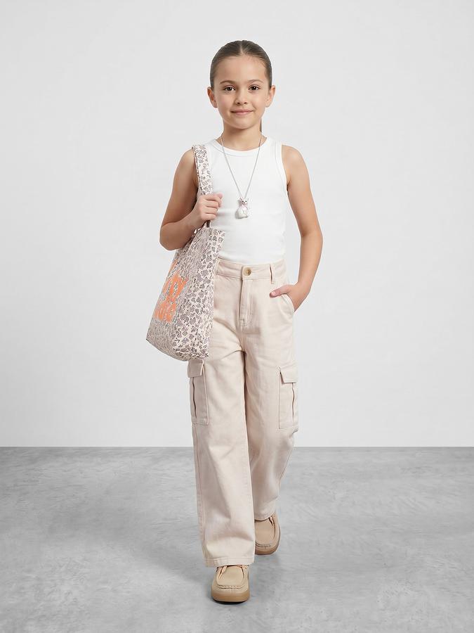 R&B Girls Beige Wide Leg Solid Mid-Rise Cotton Trouser