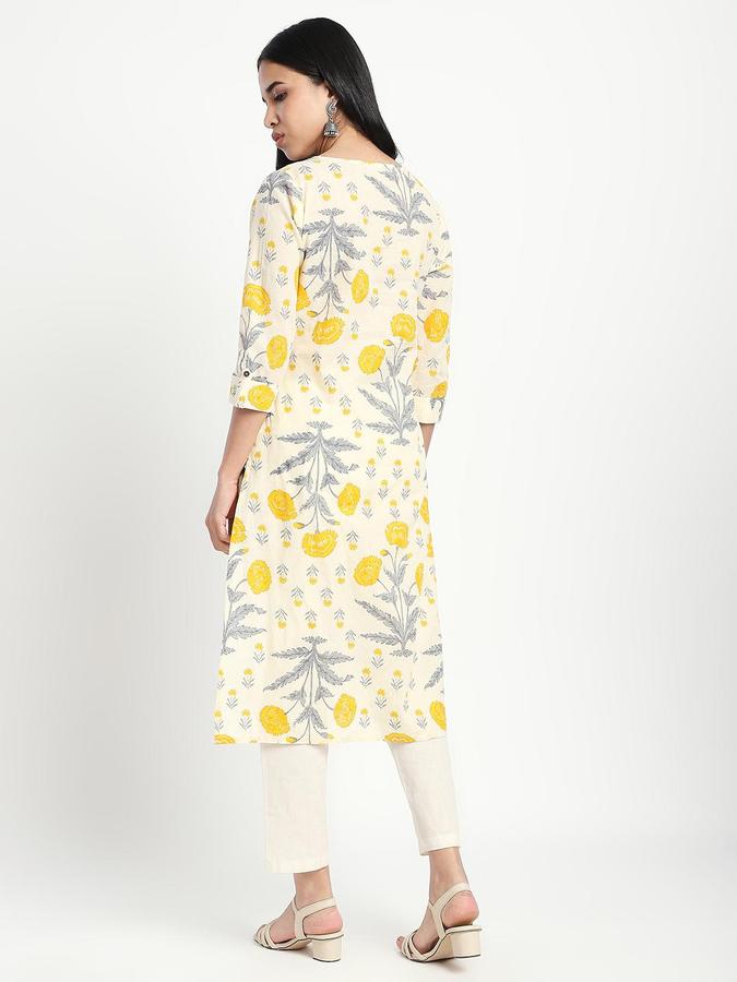 R&B Women Yellow Floral Print Round Neck Knee Length Pure Cotton Ethnic Kurta