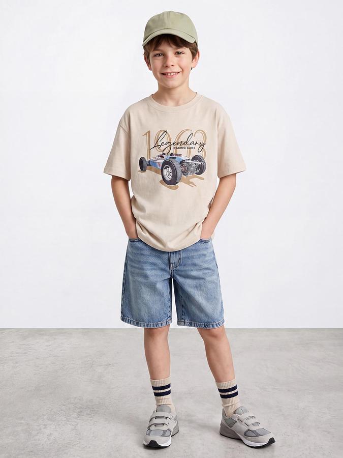 R&B Boys Beige Short Sleeve Round Neck Race Car Graphic Print T-Shirt