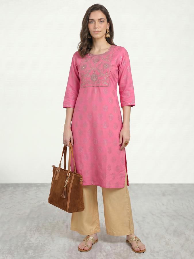 R&B Viscose Pink Embroidered Round Neck Women Kurtas