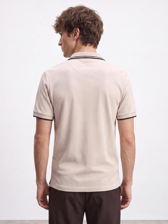 R&B Men Beige Textured Short Sleeves Tipping Polo Collar Tshirt
