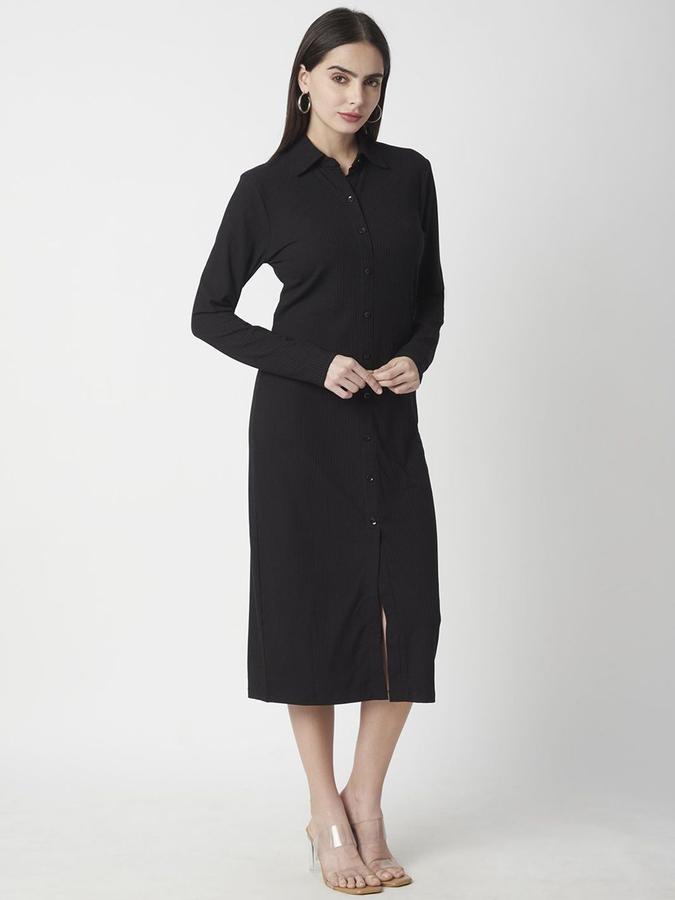 R&B Women Black Solid Long Sleeves Shirt Collar Midi Shirt Dress