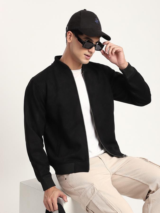 Men Polyester Regular Fit Solid Bomber Jacket