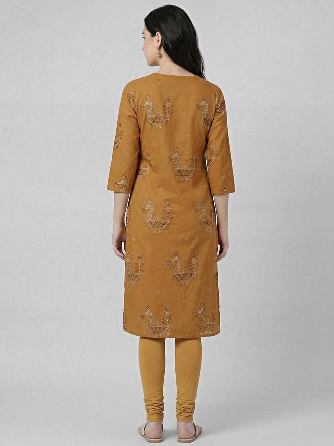 R&B Women Mustard Etnic Motifs Print V-Neck Knee Length Pure Cotton Ethnic Kurta