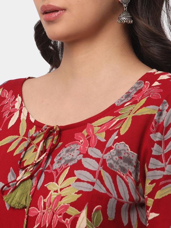 R&B Women Red Floral Three-Quarter Sleeves Round Neck Midi A-Line Ethnic Dress