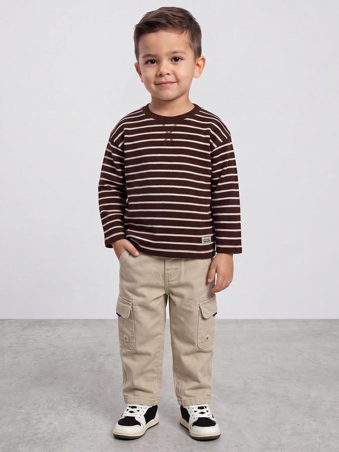 R&B Boys Brown Striped Long Sleeves Round Neck T-Shirt