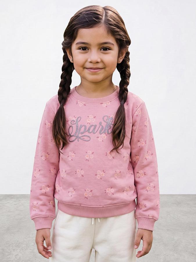 R&B Girls Pink Floral Print Round Neck Long Sleeves Sweatshirt