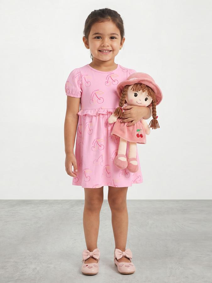 R&B Girl Pink Cherry Print Pure Cotton Puff Sleeves Fit and Flare Dress