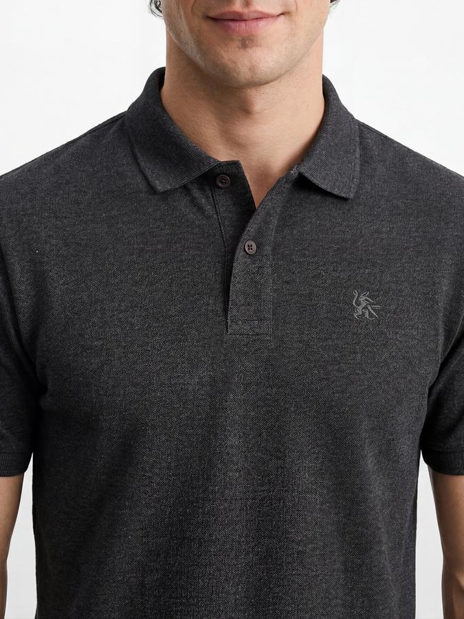 R&B Men's Grey Melange Short Sleeves Polo Collar Solid T-Shirt