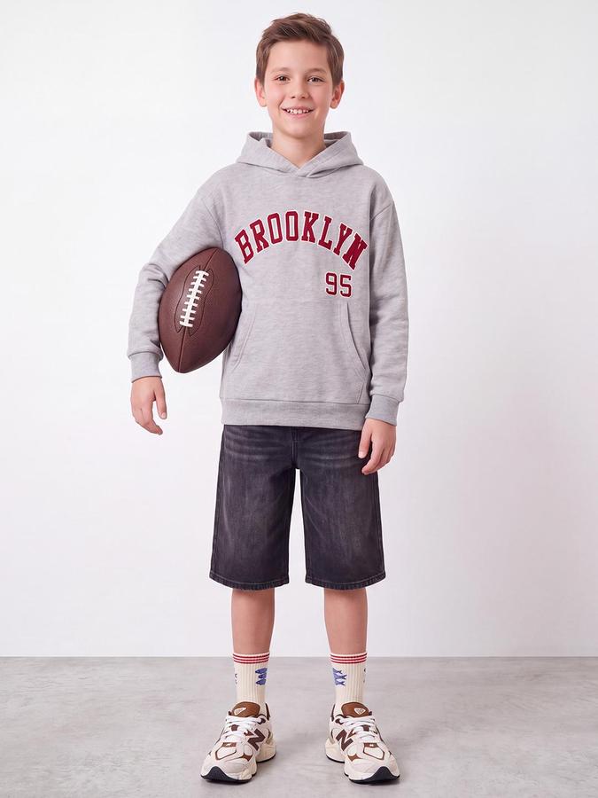 R&B Boys Grey Melange Typography Print Hooded Long Sleeves Sweatshirt