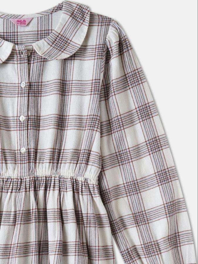 R&B Beige Checked  Girls Long Sleeves Dress