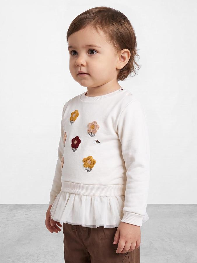 R&B Girls Ivory Floral Embroidered Long Sleeves Round Neck Sweatshirt