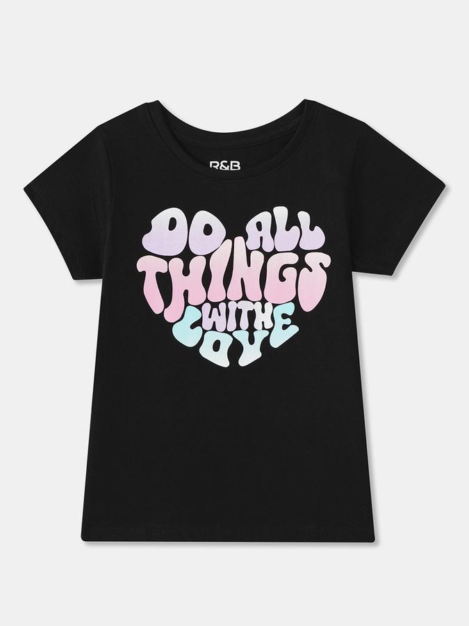 R&B Girls Graphic Print Pure Cotton Regular T Shirt Black