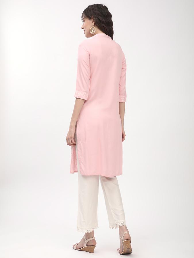 Women's regular fit casual pink chikankari printed front button down straight kurta image number 2