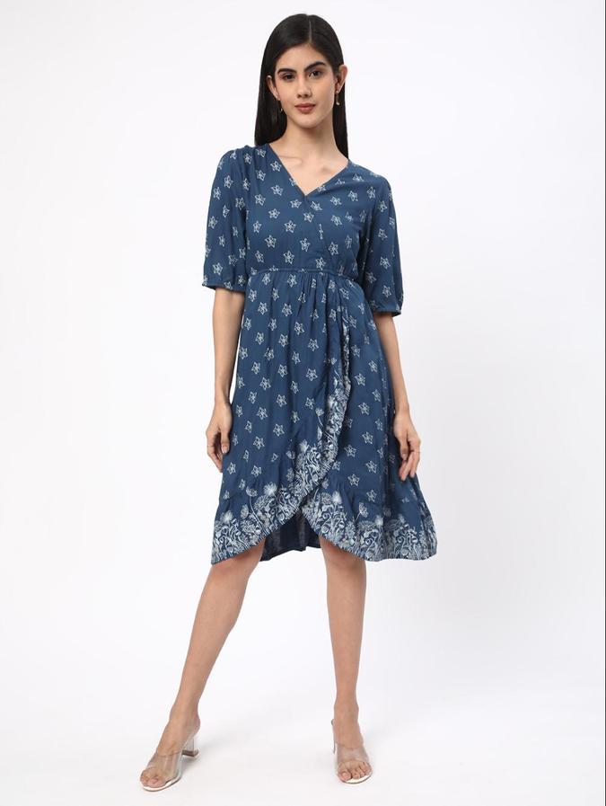 R&B Blue Floral Printed Women Short Sleeves Dress