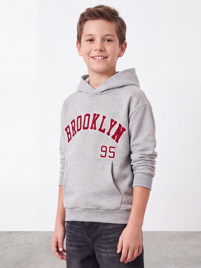 R&B Boys Grey Melange Typography Print Hooded Long Sleeves Sweatshirt