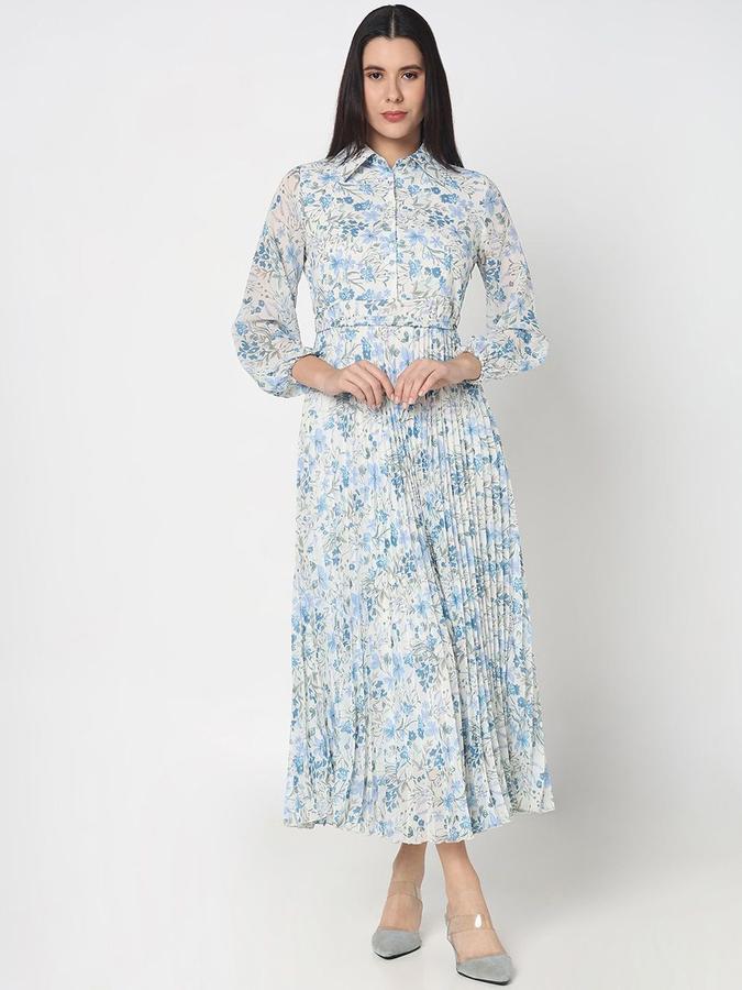 R&B Women Blue Floral Long Sleeves Shirt Collar Maxi Fit &amp; Flare Dress