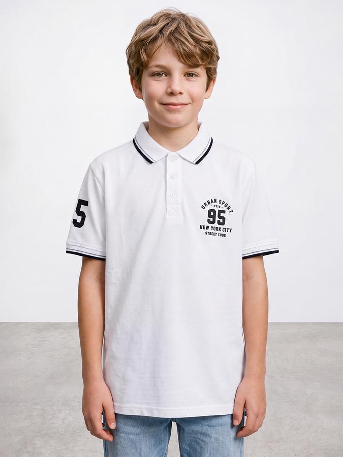 R&B Boys White Collegiate Badge Printed Polo Collar Short Sleeves Pure Cotton T-shirt