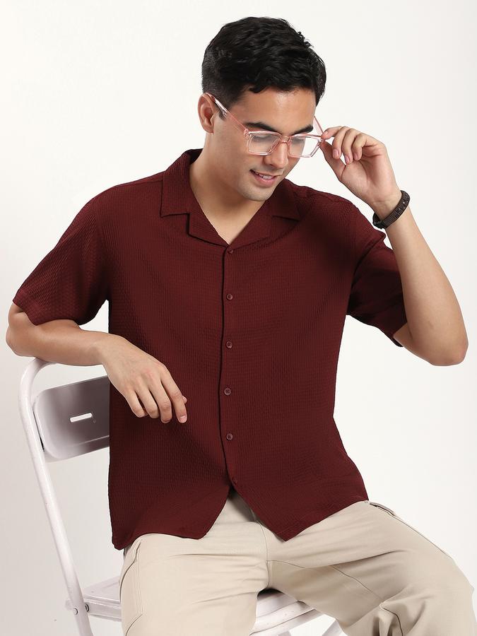 Men Polyester Relaxed Fit Cuban Collar Textured Shirt