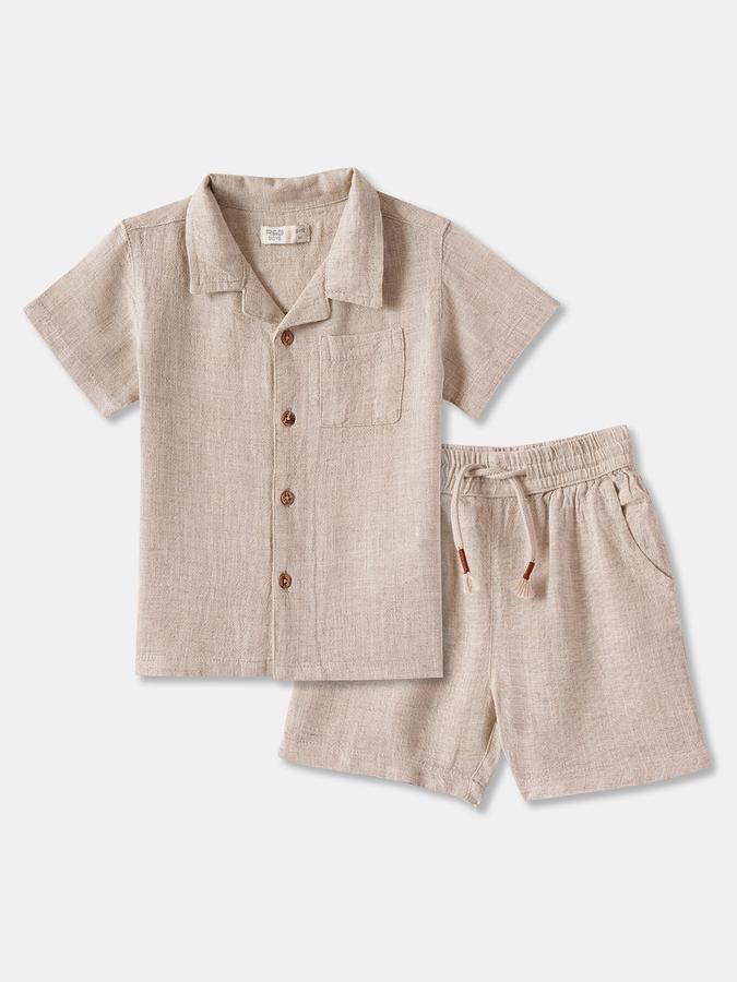 Boys Solid Linen Short Sleeve Shirt with Shorts Fashion Set