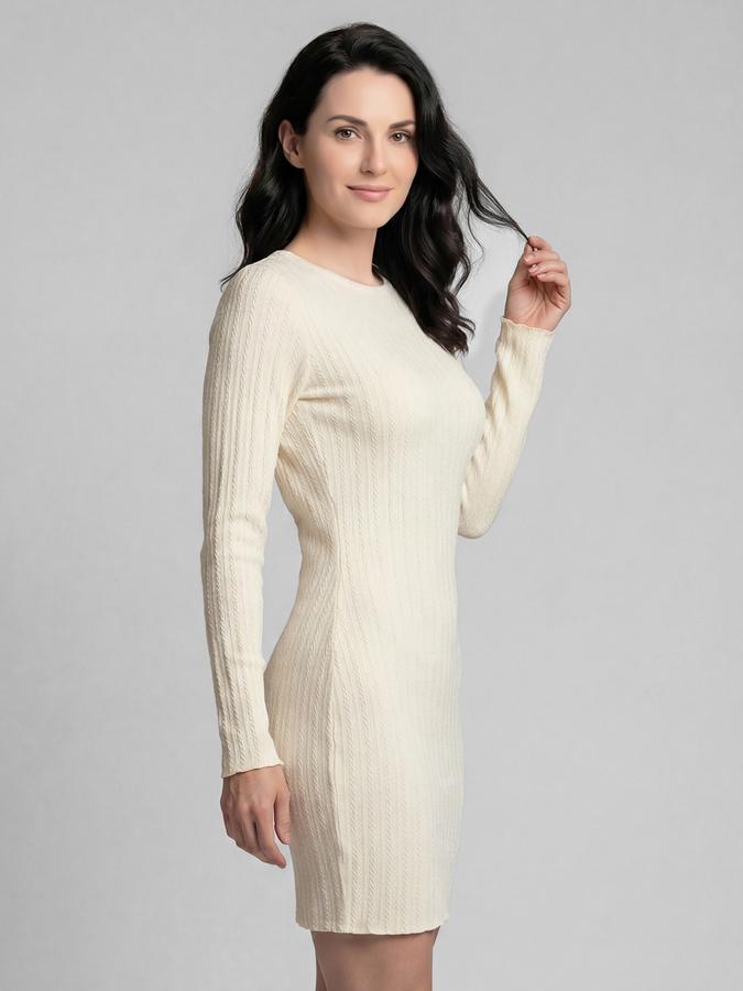R&B Off White Self Design Round Neck Long Sleeves Bodycon Mini Women Dress