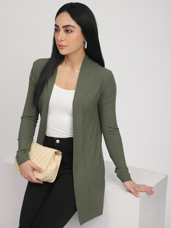 R&B Women Olive Textured Longline Cardigan