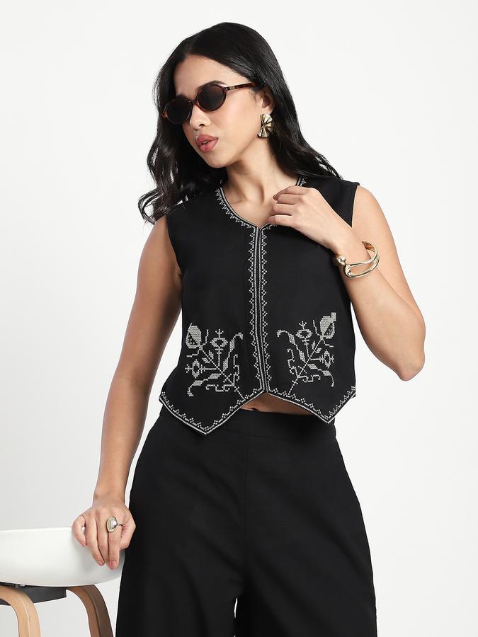 Women Viscose Crop Fit V-Neck Embroidered Top