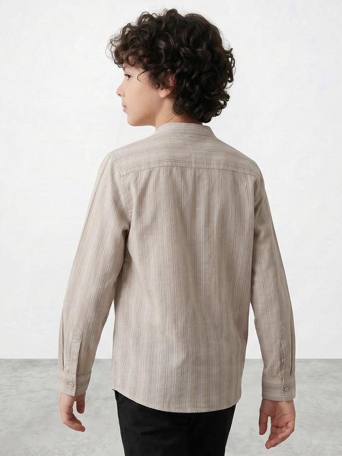 R&B Boys Beige Mandarin Collar Long Sleeves Vertical Stripes Regular Fit Shirt