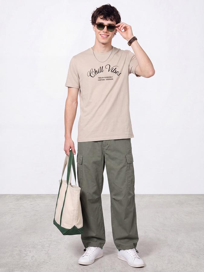 R&B Men Beige Typographic Print Short Sleeves Pure Cotton Tshirt