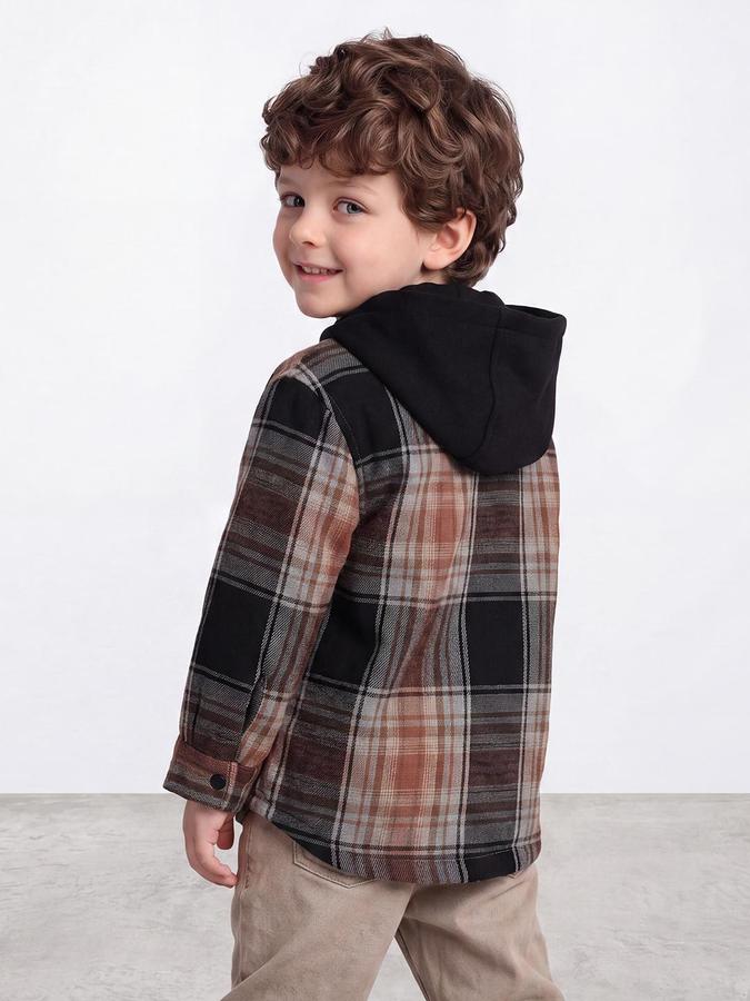 R&B Boys Multi Checked Hooded Fur Collar Long Sleeves Shirt
