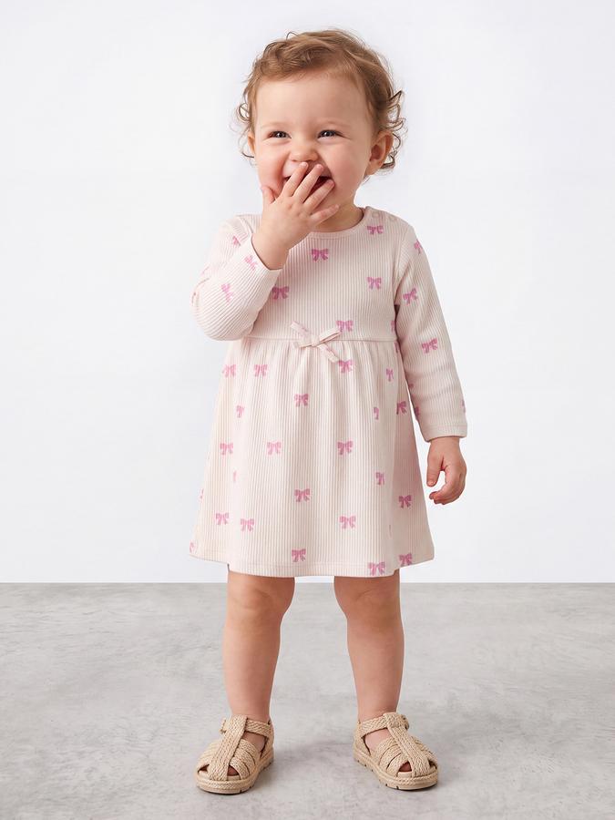 R&B Girl Cream Round Neck Printed Dress
