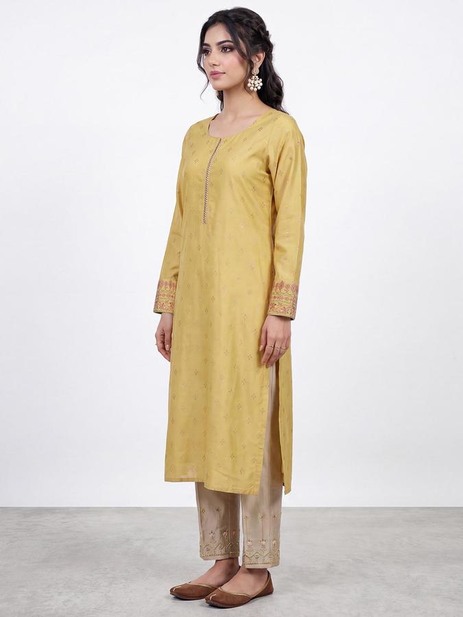 R&B Women Gold Ethnic Motifs Print  Round Neck Long Sleeves Straight Kurta