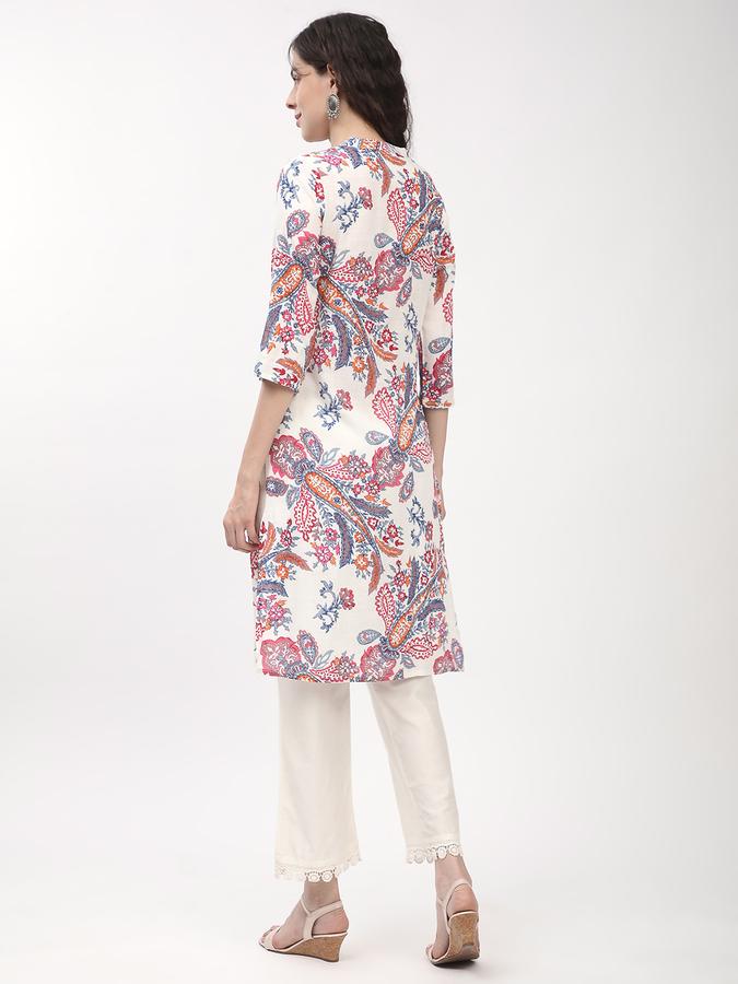 Women's regular fit white mandarin collared paisley printed kurta image number 2