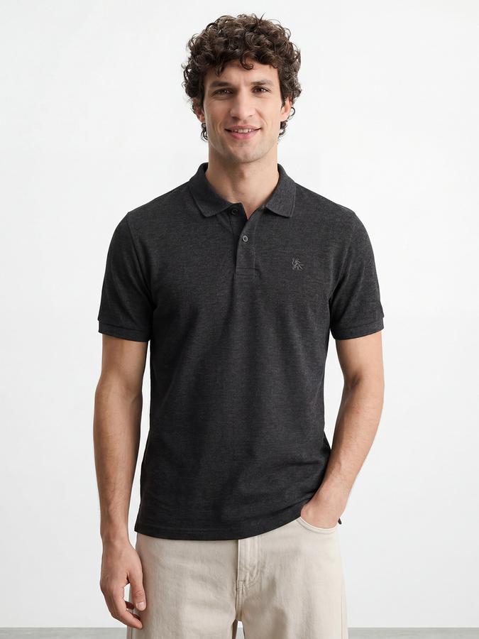 R&B Men's Grey Melange Short Sleeves Polo Collar Solid T-Shirt