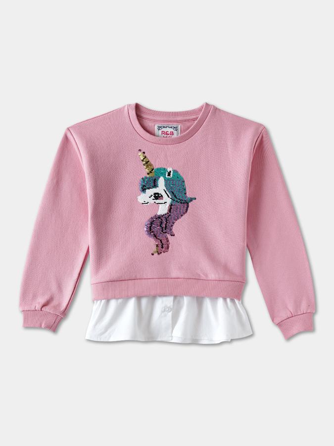 Girls Cotton Blend Regular Fit Crew Neck Embellished Sweatshirt