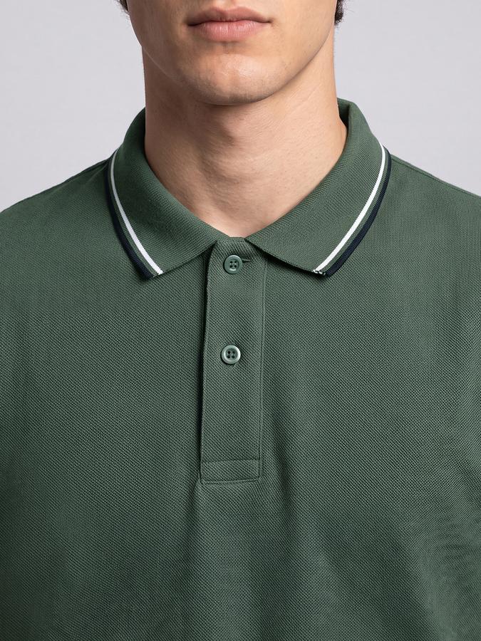 R&B Men Pine Green Solid Short Sleeves Tipping Polo Collar Tshirt