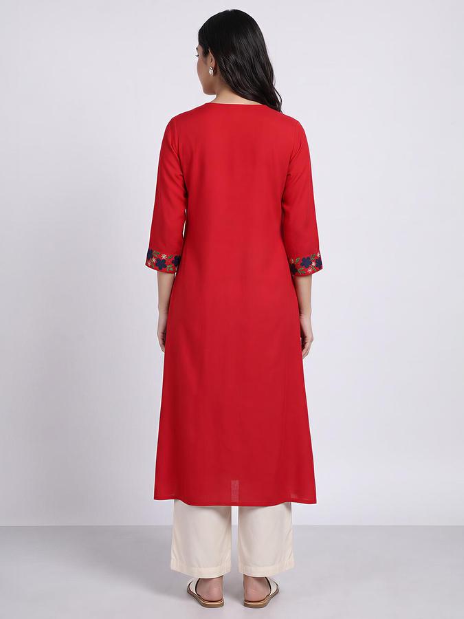 R&B Women Red Floral Embroidered V-Neck Three-Quarter Sleeve A-Line Kurta