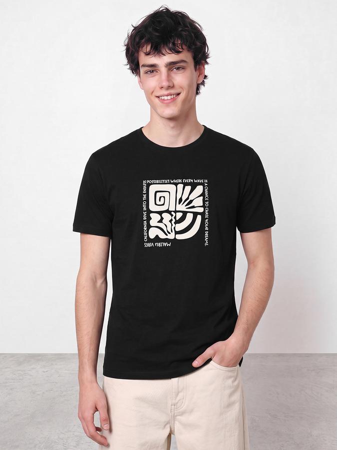 R&B Men Black Graphic Print Short Sleeves Pure Cotton Tshirt