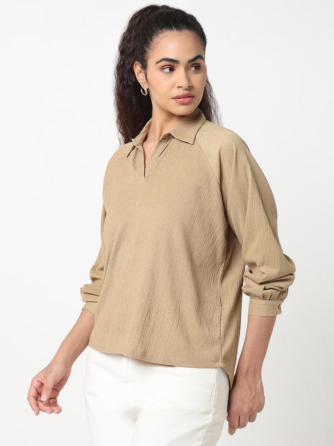 Women Polyester Relaxed Fit Shirt Collar Textured Top
