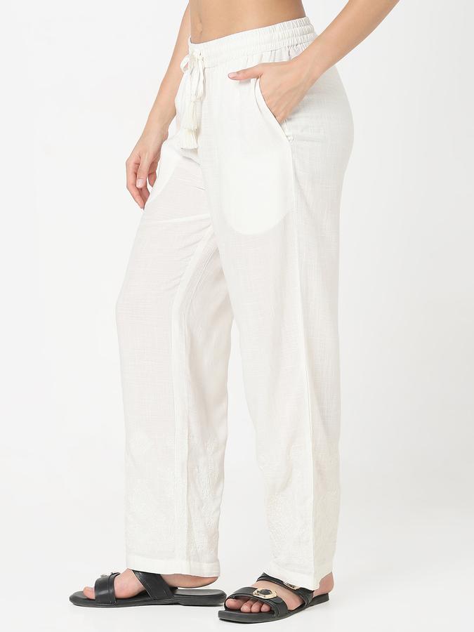 Women Viscose Straight Drawstring Embroidered Trousers