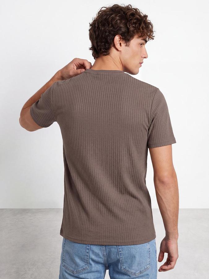 R&B Men Brown Ribbed Short Sleeves Tshirt