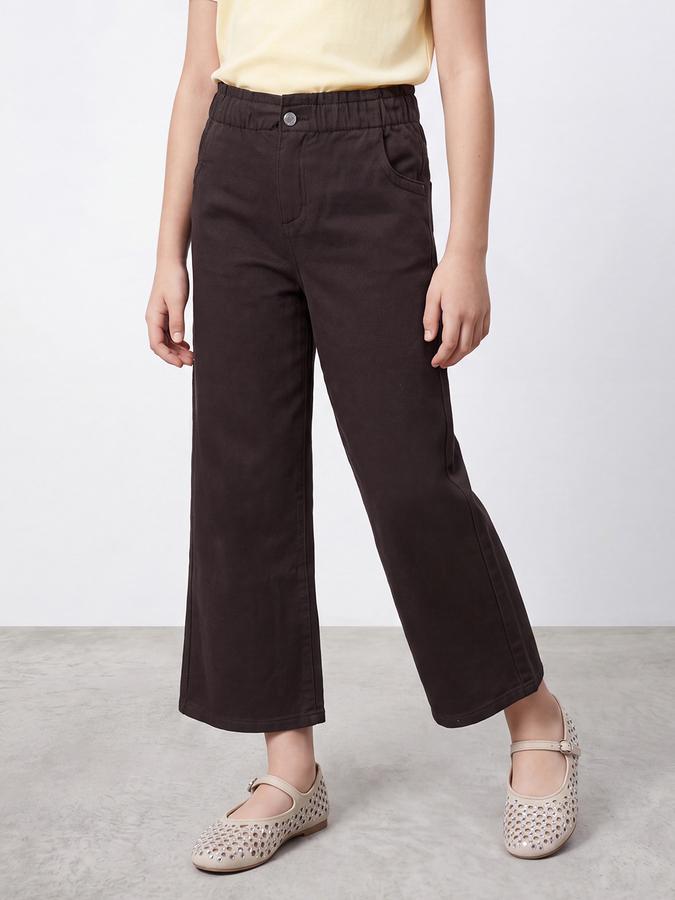 R&B Girls Brown Solid Wide Leg Mid Rise Trousers