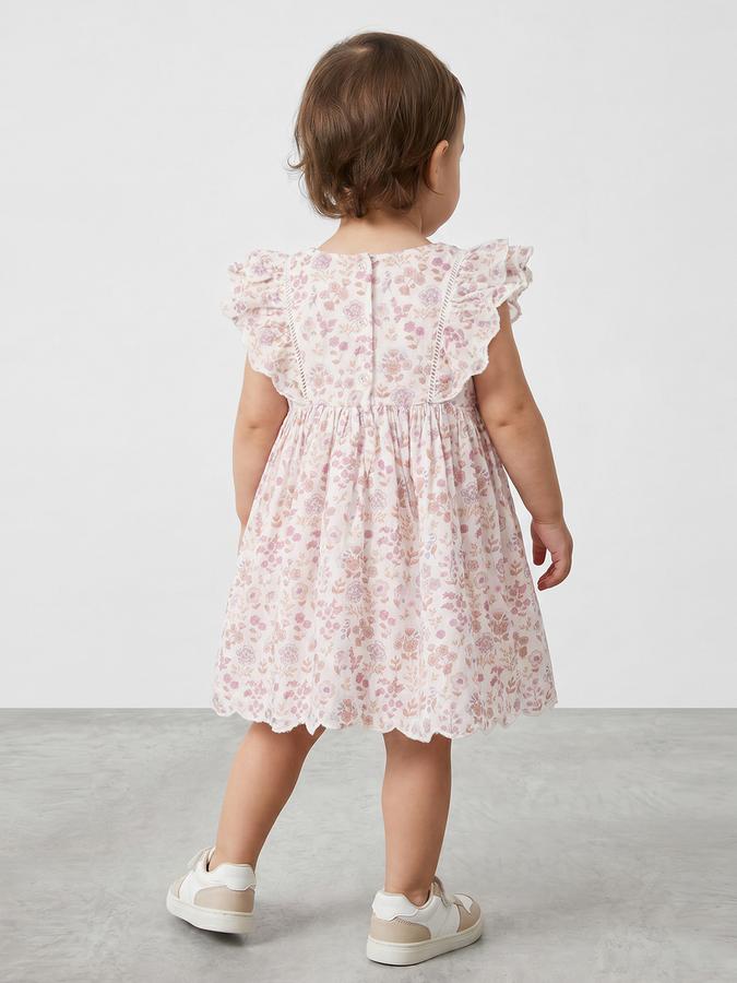 R&B Girl White Floral Print Pure Cotton Flutter Sleeves Fit and Flare Dress