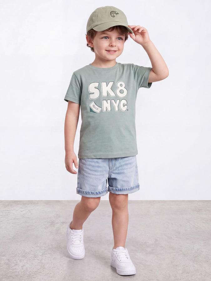 R&B Boys Light Green Short Sleeve Round Neck Typography T-Shirt