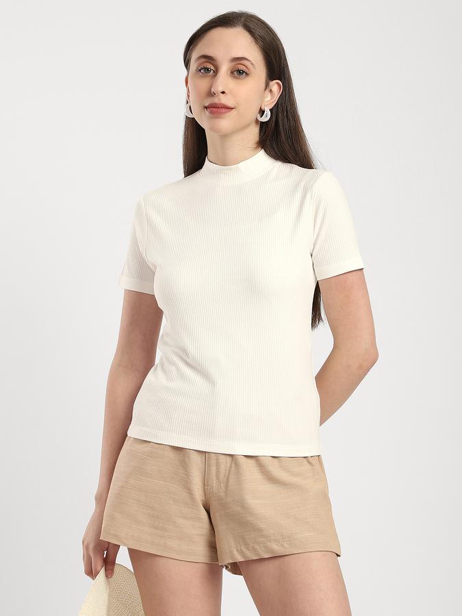 R&B Women Ivory Solid Ribbed Top
