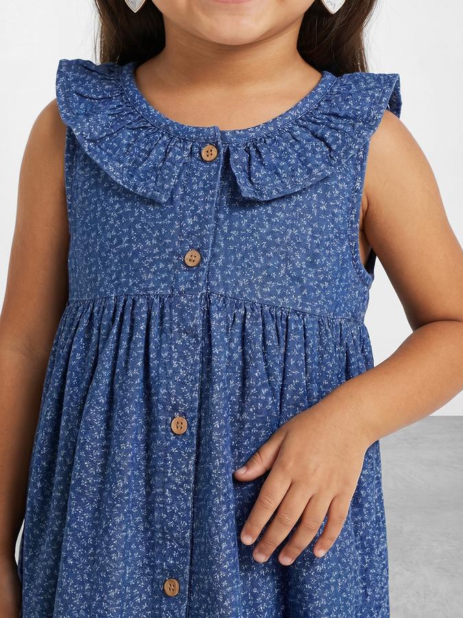 R&B Girl Navy Blue Floral Print Pure Cotton Sleeveless Fit and Flare Dress
